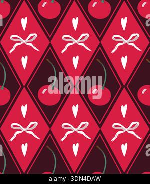 Cute cherry vector seamless pattern with pink bow ribbons hearts playful illustration Stock Vector