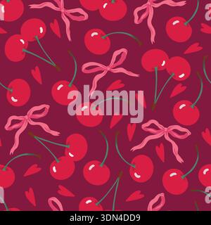 Cute cherry vector seamless pattern with pink bow ribbons hearts playful illustration Stock Vector