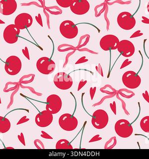 Cute cherry vector seamless pattern with pink bow ribbons hearts playful illustration Stock Vector