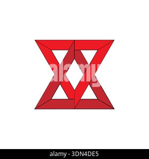 Abstract red triangles. Geometric shape logo. Intersecting Vector composition. Double hourglass structure. Stock Vector