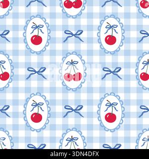 Cute cherry vector seamless pattern with pink bow ribbons hearts playful illustration Stock Vector