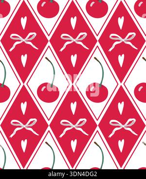 Cute cherry vector seamless pattern with pink bow ribbons hearts playful illustration Stock Vector