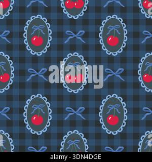 Cute cherry vector seamless pattern with pink bow ribbons hearts playful illustration Stock Vector