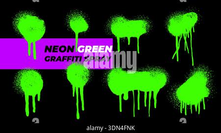 Neon green graffiti spray with ink stains, splashes, strokes, dripping paint. Urban street art grunge style with dirty spots, airbrush effects. Stock Vector