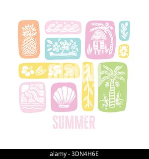 Summer vector elements with tropical square icons palm pineapple shell waves Stock Vector
