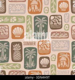 Summer vector seamless pattern with tropical square icons palm pineapple shell waves Stock Vector