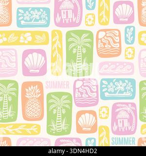 Summer vector seamless pattern with tropical square icons palm pineapple shell waves Stock Vector