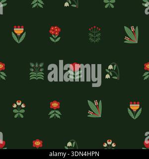 Folk Scandinavian flowers vector seamless pattern with stylized plants Stock Vector