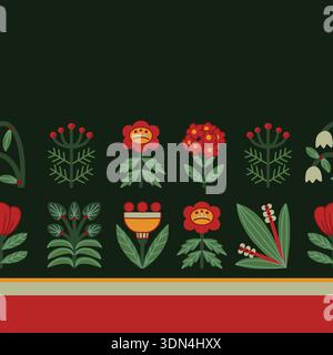 Folk Scandinavian flowers vector border with stylized plants Stock Vector
