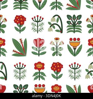 Folk Scandinavian flowers vector seamless pattern with stylized plants Stock Vector