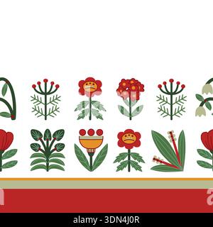 Folk Scandinavian flowers vector border with stylized plants Stock Vector