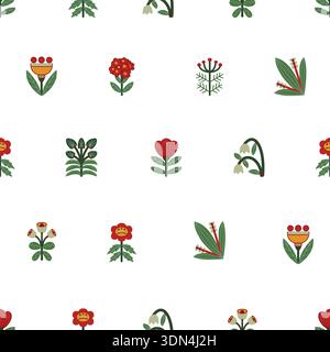 Folk Scandinavian flowers vector seamless pattern with stylized plants Stock Vector