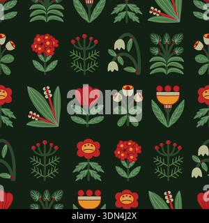 Folk Scandinavian flowers vector seamless pattern with stylized plants Stock Vector