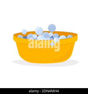 Plastic blue basin filled with foamy soap for hand washing and laundry. Flat vector illustration for cleanliness and cleaning. Stock Vector