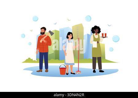 Different employees of city. Carpenter, cleaner, waitress. People of different professions with their own special clothes. Stock Vector