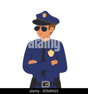 Police man in full gear and dark protective glasses stands with arms crossed on chest, strict law enforcer. Vector illustration. Stock Vector
