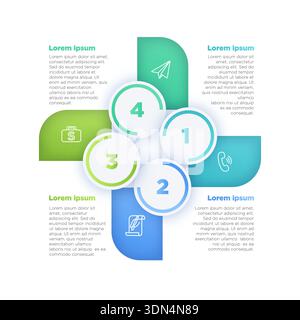 Diagram with four sections. Sections are color-coded and feature icons representing different concepts for businesses. Stock Vector