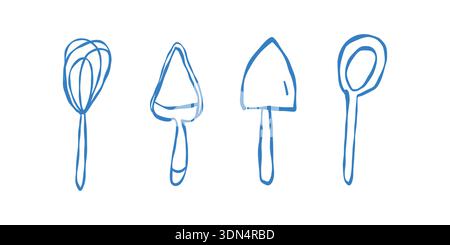 Set of vector kitchen utensil icons. Illustrations of kitchen tools, kitchenware, accessories, and equipment. Isolated images. Vector outline illustration. Stock Vector