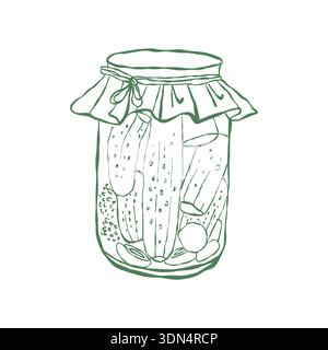 Vector doodle illustration of pickled cucumbers in a jar. Hand-drawn sketch of a garden harvest. Organic farm outline graphics. Pickles. Preserves. Stock Vector