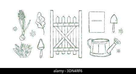 A charming collection of garden elements, including plants, flowers, a fence, a watering can, tools, and accessories. Vector outline illustration in green. Stock Vector