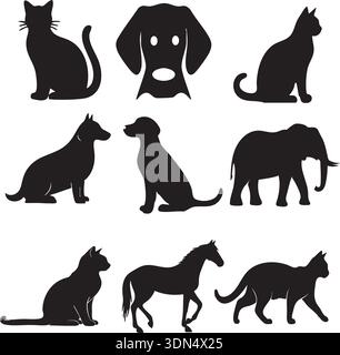 Multi Animal Silhouette Collection Featuring Domestic and Wild Animals Stock Vector