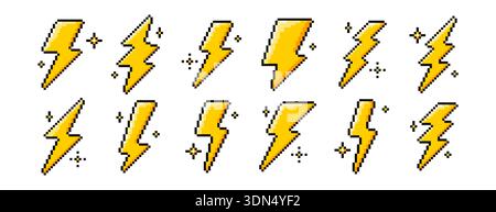 Pixel art lightning bolt icons in retro 8bit style. Yellow electric thunder symbols for video games, ui, hud, buttons and arcade design. Energy, voltage or power pixeled elements on white background Stock Vector