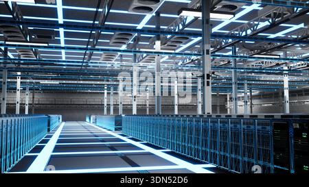 Cloud computing, connectivity and storage units in modern server room. Blue wireframe mesh of internet infrastructure used for global data transfer and bandwidth speed Stock Photo