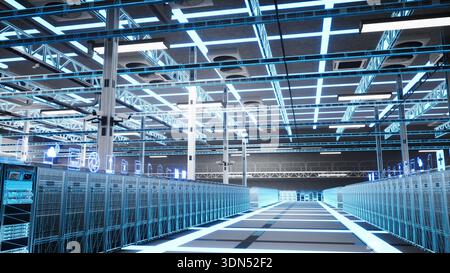 Data center AI supercomputers used for quantum computing and advanced calculations. High tech server farm gear doing machine learning scientific simulations, blue VFX overlay Stock Photo