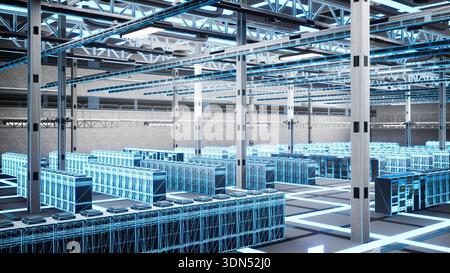 High tech server room infrastructure helping businesses manage databases and files, VFX overlay. Blue holographic digital twin scanning of blade servers in empty data center Stock Photo