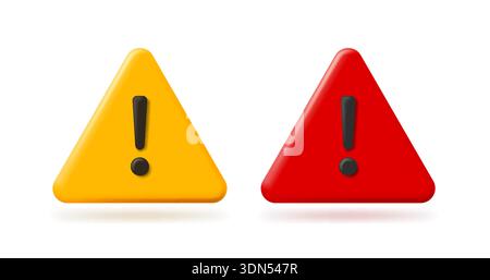 Glossy 3D Warning Sign Icons. Modern yellow and red alert symbols with exclamation marks. Vector illustration Stock Vector