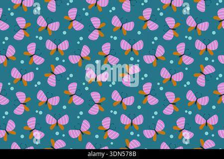 Seamless pattern with cute pink butterflies and blue dots on dark background. Flat style. Ideal for kids textiles, nursery decor, wallpapers, wrapping paper, stationery, prints. Vector illustration Stock Vector