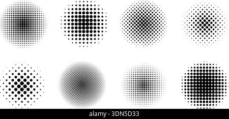 Set of dotted circles with halftone gradient effect. Round shapes with polka dot print isolated on white background. Circular design elements with grain or pixel texture. Vector graphic illustration. Stock Vector
