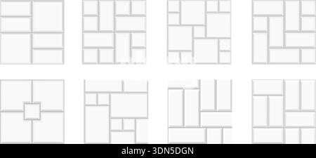 Set of different tile patterns with squares and rectangles. White ceramic wall textures. Kitchen backsplash or bathroom floor backgrounds. Interior or exterior mosaic decorations. Vector illustration. Stock Vector