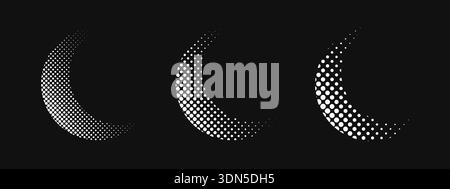 Set of crescent moon silhouettes with dotted gradient texture isolated on black background. Semi circle forms with noise, grain or pixel effect. C-shaped design elements. Vector graphic illustration. Stock Vector