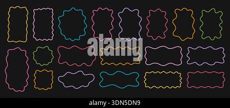 Cute colorful doodle frames with curvy borders. Fluid abstract forms. Asymmetric shapes. Hand drawn forms. Sticker, tag, box or label templates isolated on black background. Vector illustration. Stock Vector