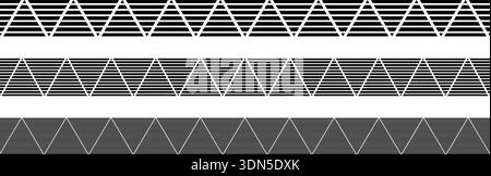 Set of borders with triangular striped ornament in African style isolated on white background. Fabric tapes with streaky motif. Vector graphic illustration. Stock Vector