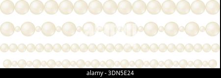 Set of straight strings of pearls isolated on white background. Threads of pearlescent beads for luxury bracelet or necklace. Beautiful decorative design elements. Vector realistic illustration. Stock Vector