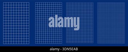 Set of simple square grid blueprints on blue background in four scales. Thin light lines form clean graph paper engineering sketches, math technical layouts. Versatile backdrop charts, architectural Stock Vector