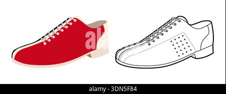 Bowling sneaker shoe flat plus line set. Two tone game footwear for poster, entertainment design, man woman unisex. Technical fashion illustration, CAD mockup, mixed vector isolated stylish style. Stock Vector