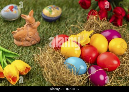 Colourful easter eggs and an Easter bunny with spring flowers on grass Stock Photo