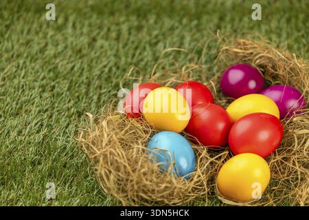 Colorful Easter eggs in a straw nest on green grass Stock Photo