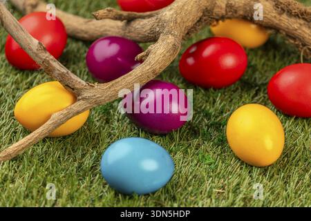 Colourful easter eggs and natural branches on green grass Stock Photo