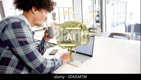 Sipping mug, curly man in blue-plaid using laptop at kitchen island, phone, AI overlay, copy space Stock Photo