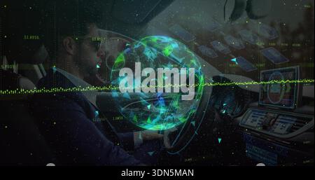 Operating driver in dark suit, sunglasses using touchscreen inside sedan with AR globe, copy space Stock Photo