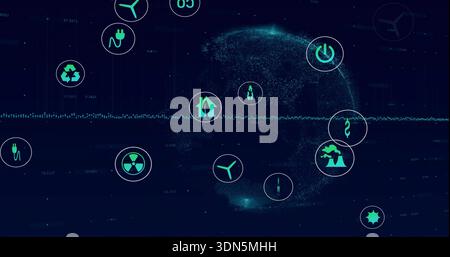 Displaying particle globe rotating right of center on data dashboard, with teal icons, copy space Stock Photo