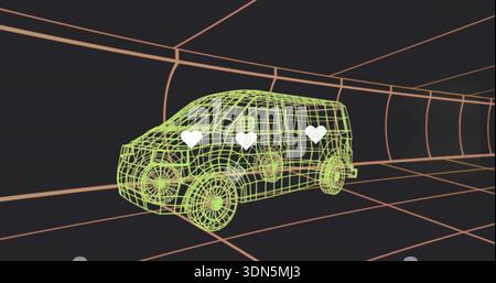 Displaying neon-green wireframe van moving through orange grid tunnel, showing three white hearts Stock Photo