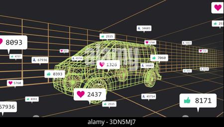 Displaying neon green wireframe van hovering in 3D grid space, with orange grid and reaction badges Stock Photo