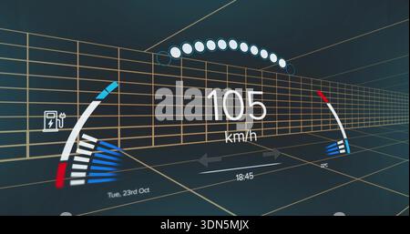 Displaying digital HUD dashboard projecting over 3D wireframe grid, showing 105 km or h speed Stock Photo
