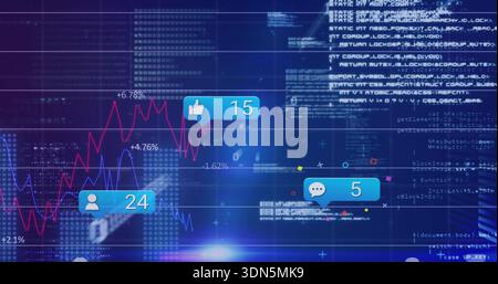 Displaying data visualization in virtual dashboard, showing red and blue line charts with badges Stock Photo