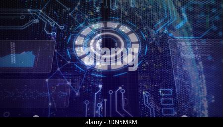 Projecting central circular HUD rotating at center in virtual interface, showing blue area chart Stock Photo